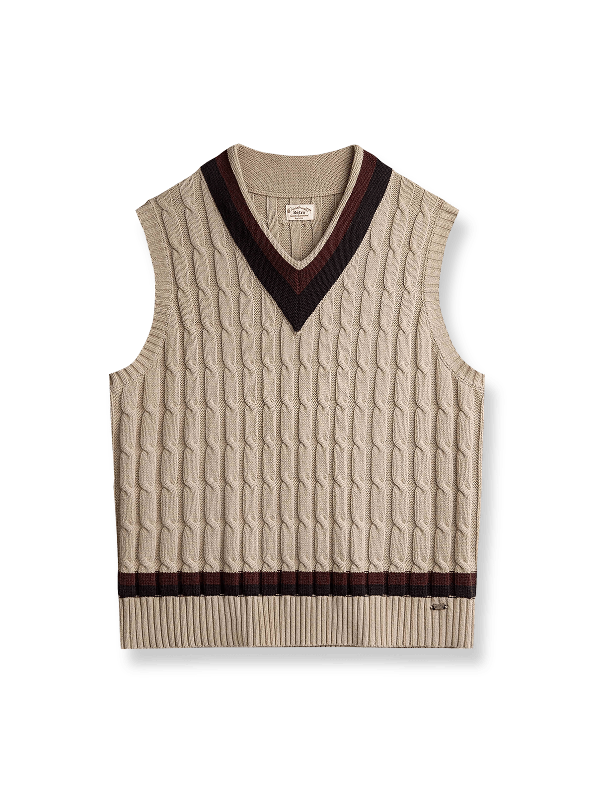 ケーブル編みとリブが映えるIVY風Vネックニットベスト
