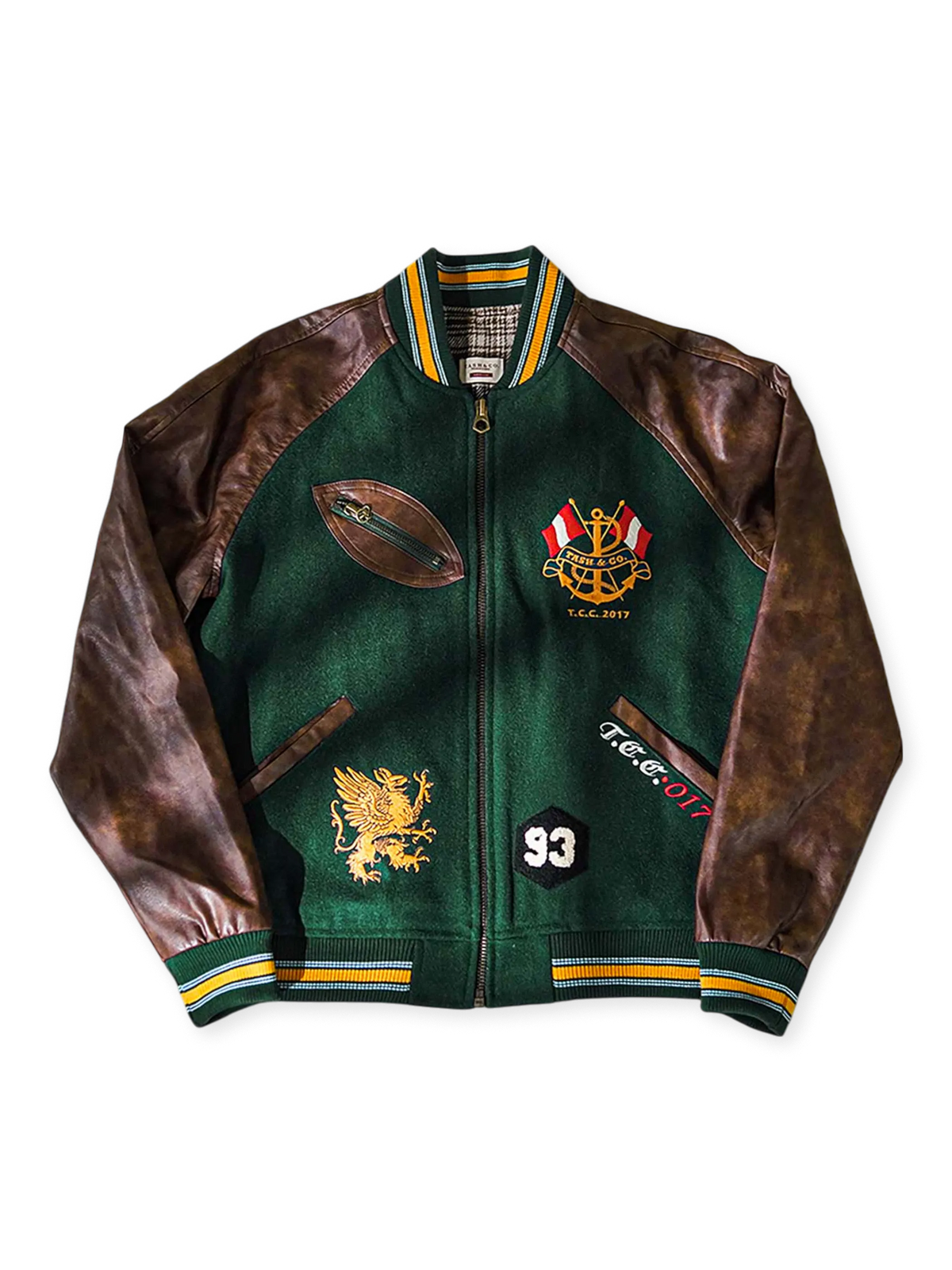 ハーバード大学由来の高密度メルトンウールとレザー袖を持つヴィンテージ風ベースボールジャケット