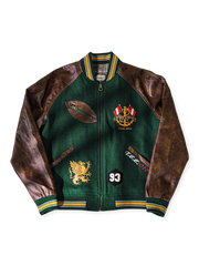 ハーバード大学由来の高密度メルトンウールとレザー袖を持つヴィンテージ風ベースボールジャケット