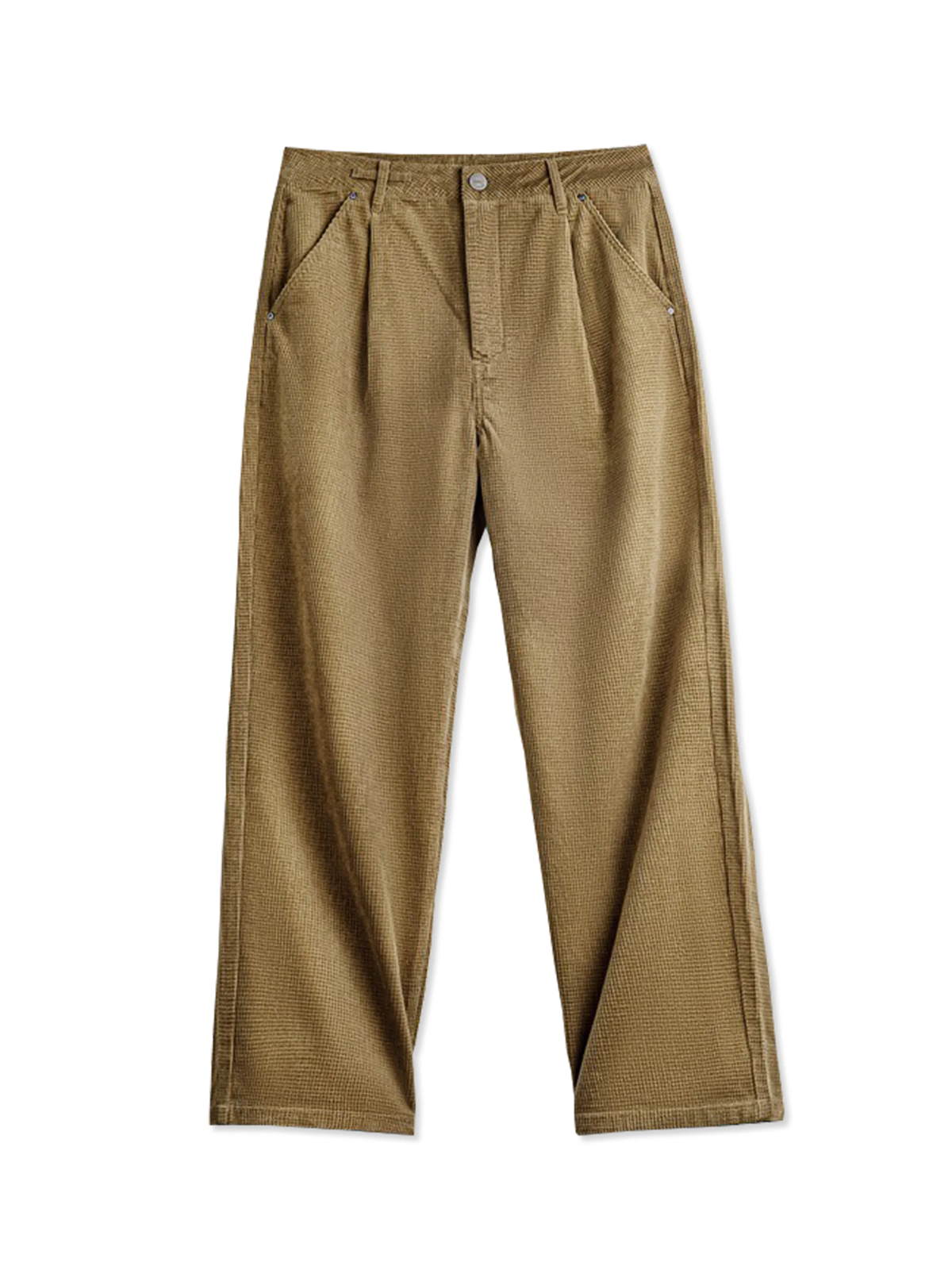 8ウェールのジャカード織りコーデュロイ素材を使用したワイドストレートパンツ。270g/m²のコットン100％で快適な履き心地。フロントプリーツと銅製ドーナツボタン、スラッシュポケットを備えたワークテイストデザイン。