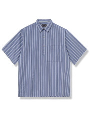 ジャガードストライプ半袖シャツ、プルオーバースタイル、光沢エンボス加工、ルーズフィット、純綿素材