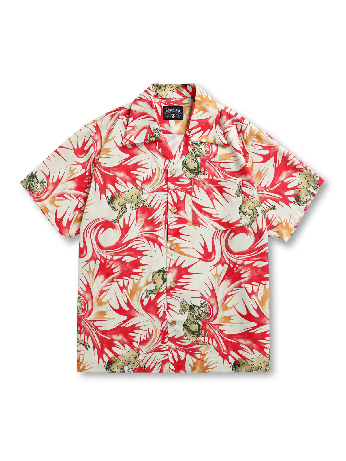 火焔のグラデーションに浮世絵風龍虎図を配したリヨセル素材のアロハシャツ。シルキーな光沢と優れたドレープ性で夏も快適。