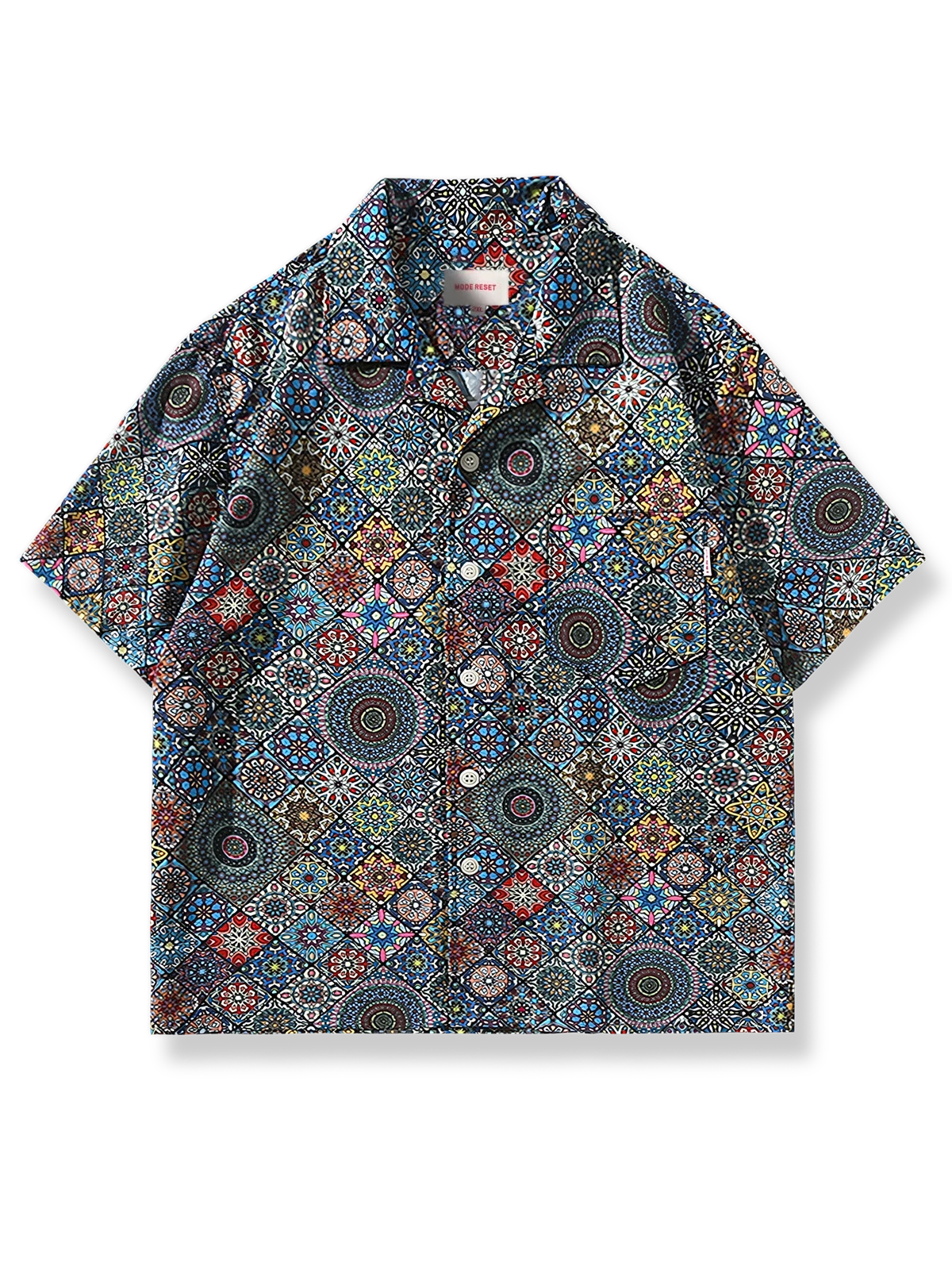 万華鏡柄プリントとルーズフィットが特徴のポリエステル製半袖アロハシャツ、胸ポケットとココナッツボタン付き