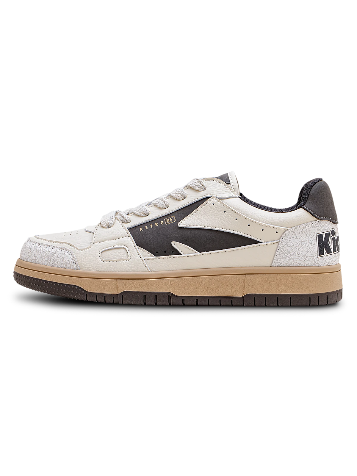 ベージュ、ブラック、カーキのヴィンテージ加工とクラック加工が特徴のKICKS 86' VINTAGEスケートシューズ。