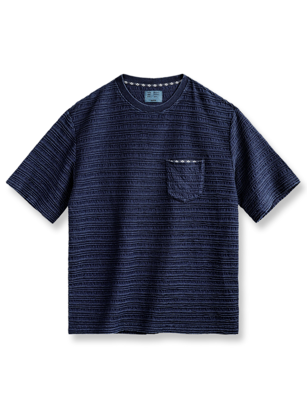 波模様のジャカード織りが特徴のヴィンテージブルーTシャツ