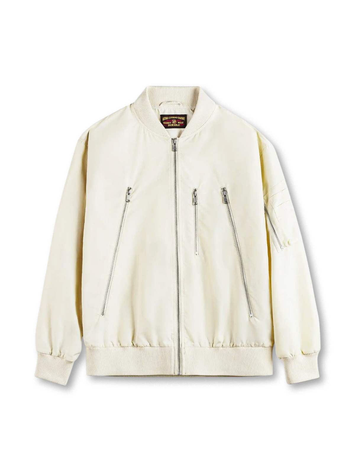 象牙白のL-2B型フライトジャケット、フロントジップと金属ジップポケット、左袖にコンビポケット付き