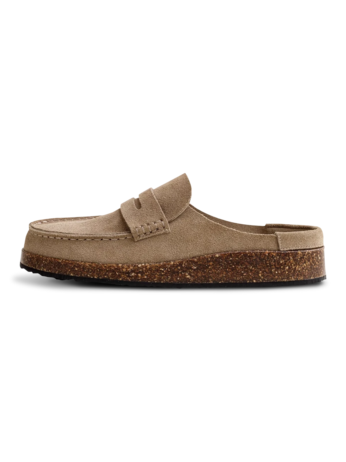 レース付きフラットモカシン厚底ミュール。