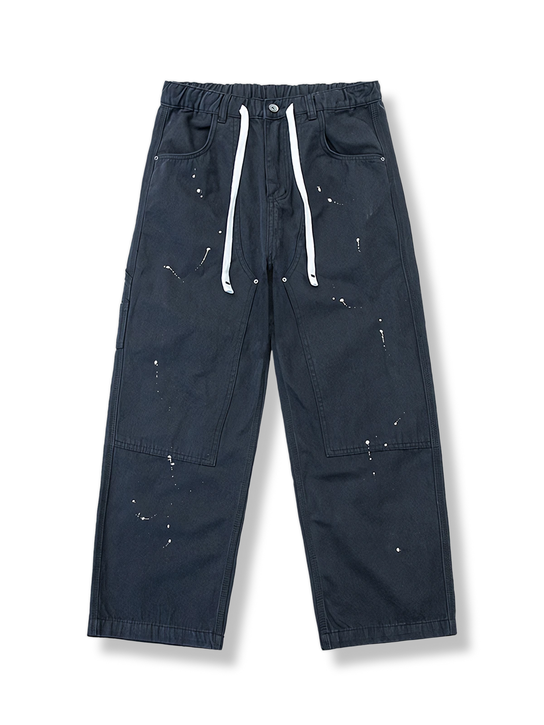 白い漆点装飾が施されたインディゴブルーのストレートワークパンツ。