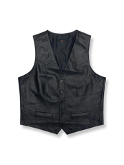 ラムレザーの柔らかな質感とシンプルなジップ、サイドスナップが特徴のライダースベストの全体像。