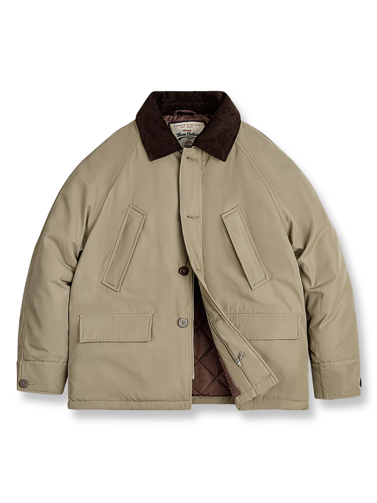 コーデュロイラペルと中綿入りの100%コットンツイルキャンバスハンティングジャケット。