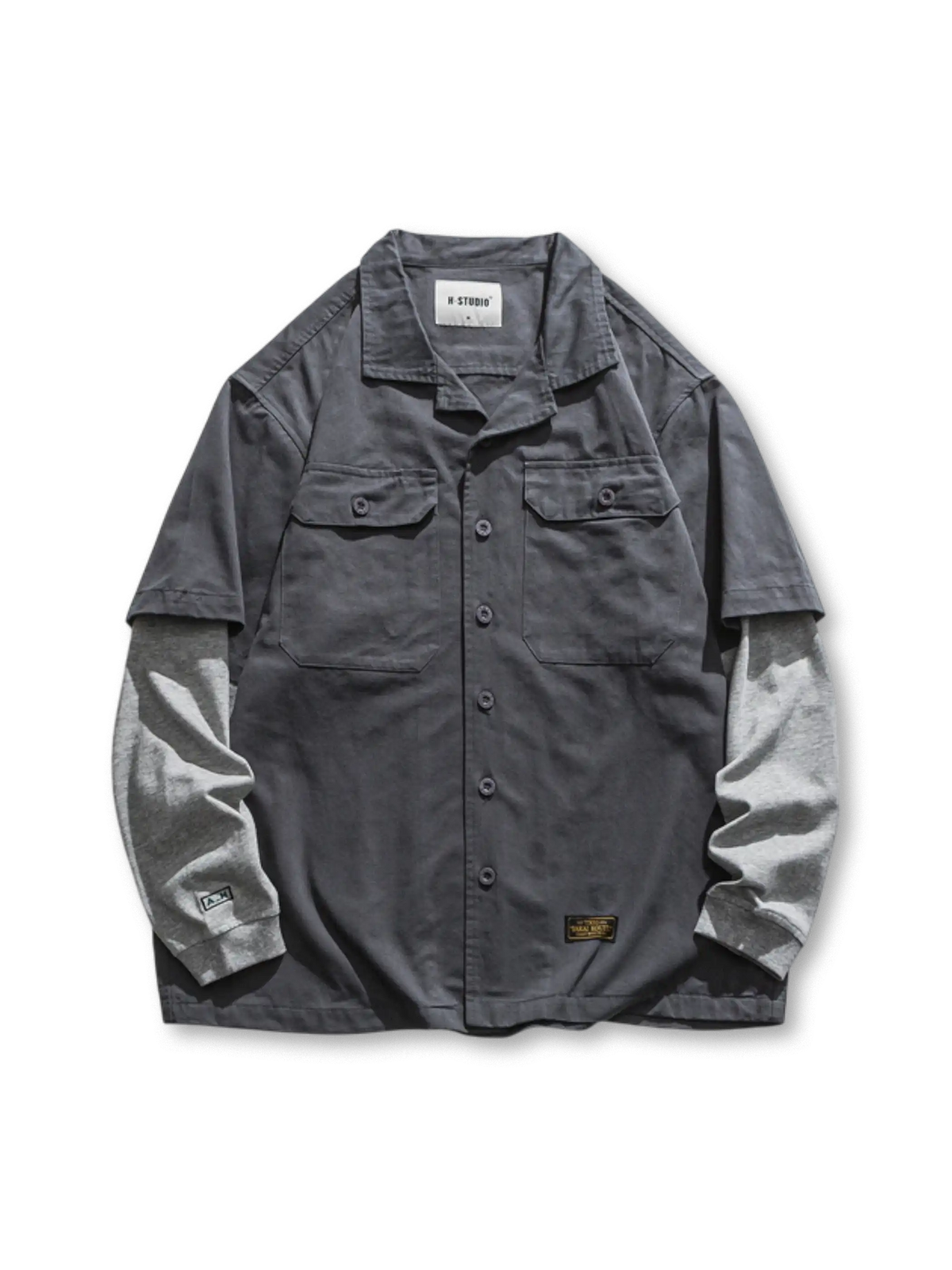 ツイルコットンとカットソースリーブを重ねたフェイクワンピース構造のワークシャツ