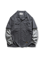 ツイルコットンとカットソースリーブを重ねたフェイクワンピース構造のワークシャツ