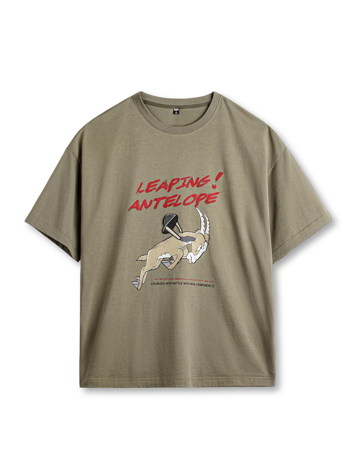 跳ねるアンテロープ刺繍と発泡プリントが特徴の耐久性あるワイドシルエットTシャツ