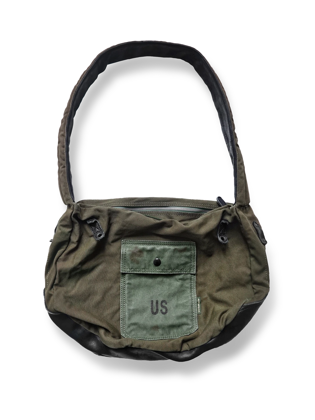 レザーボトムサイクリングスタイルショルダーバッグ、耐摩耗キャンバス素材、トラプリント、ウォッシュ加工