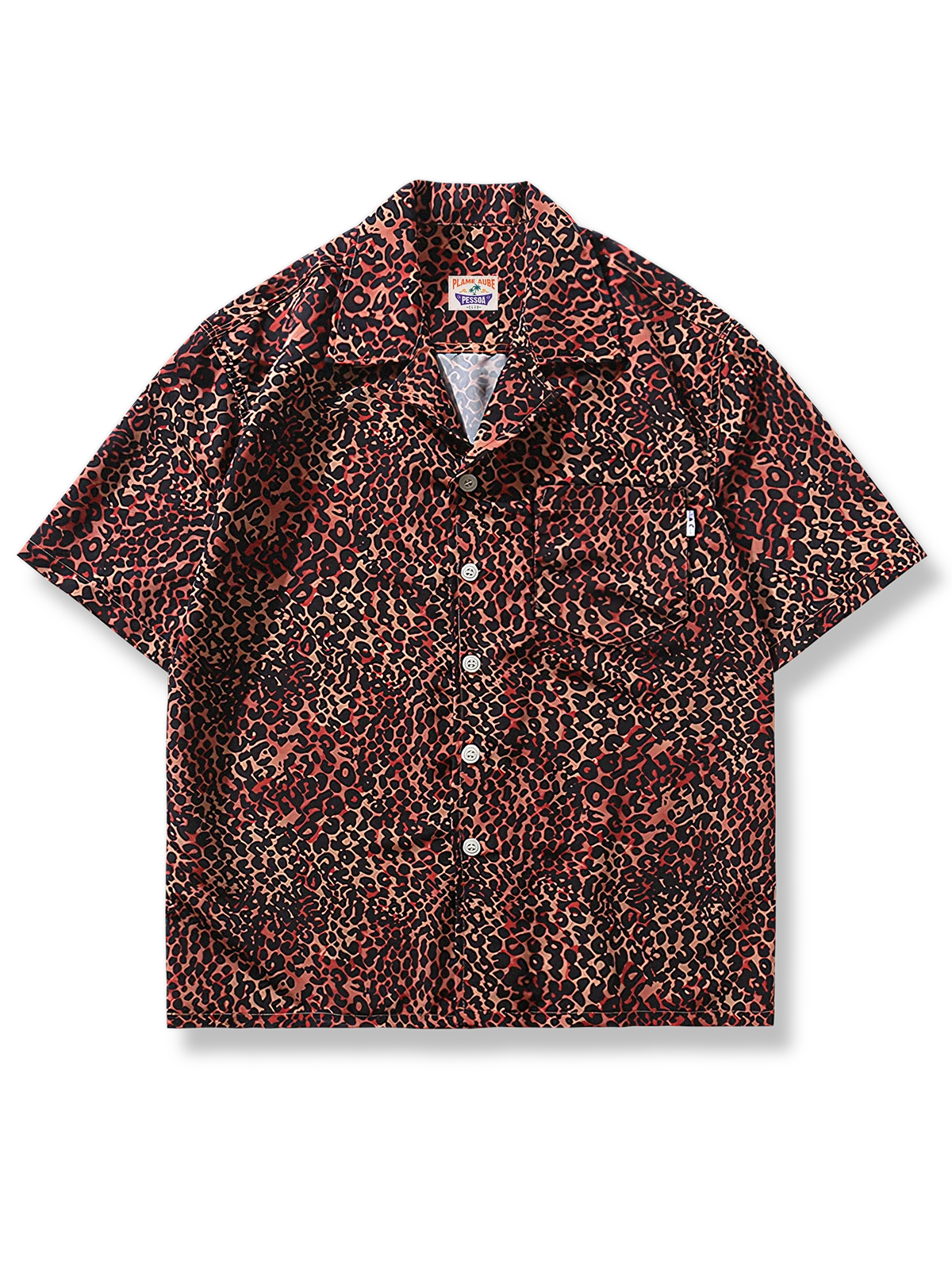 ヒョウ柄キューバカラーアロハシャツ、赤ベース、ルーズフィット、耐久ポリエステル素材