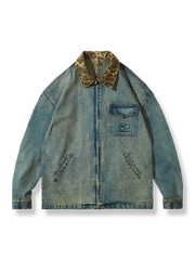レオパード柄パネルとウォッシュ加工が特徴のデニムジャケット