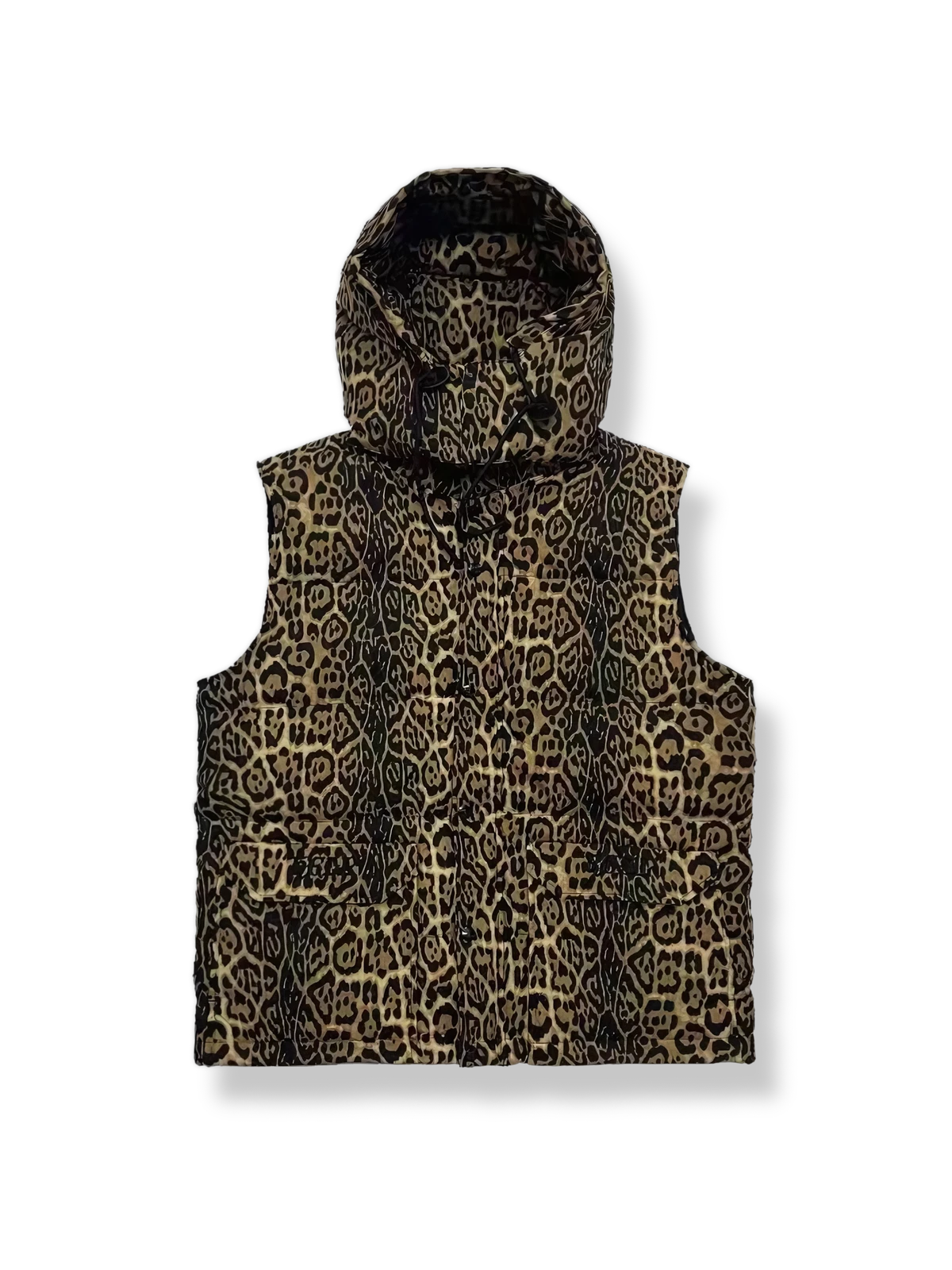 レオパード柄のフード付きダウンベスト