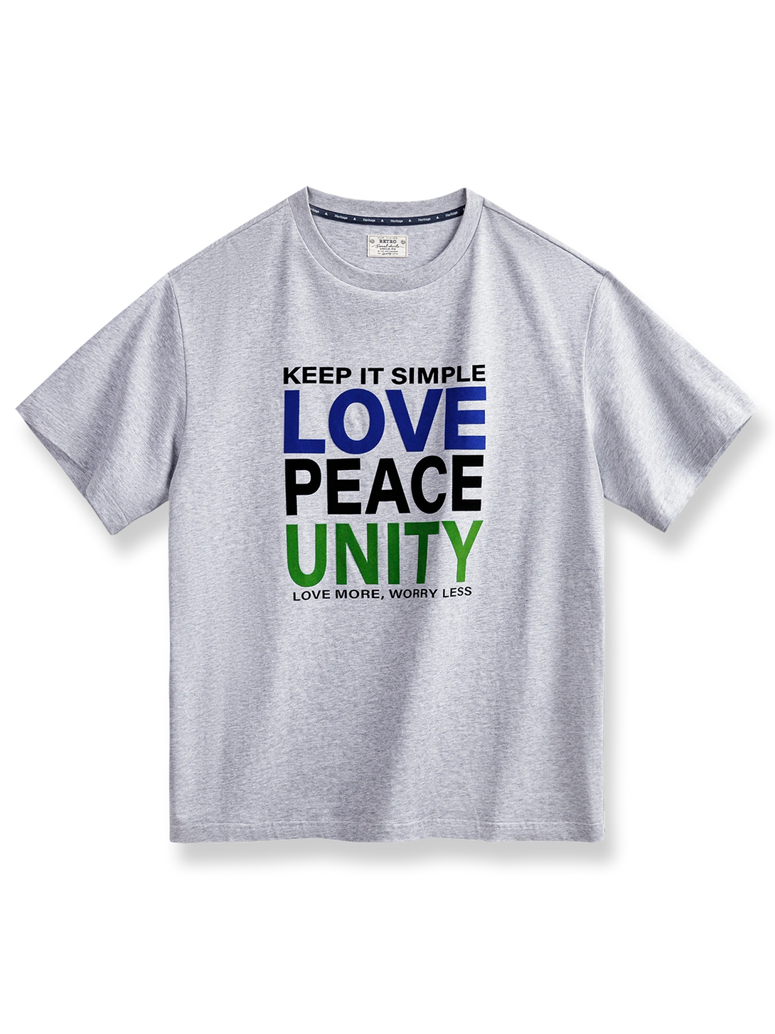 「Love Peace Unity」のレターフロッキープリント半袖Tシャツ