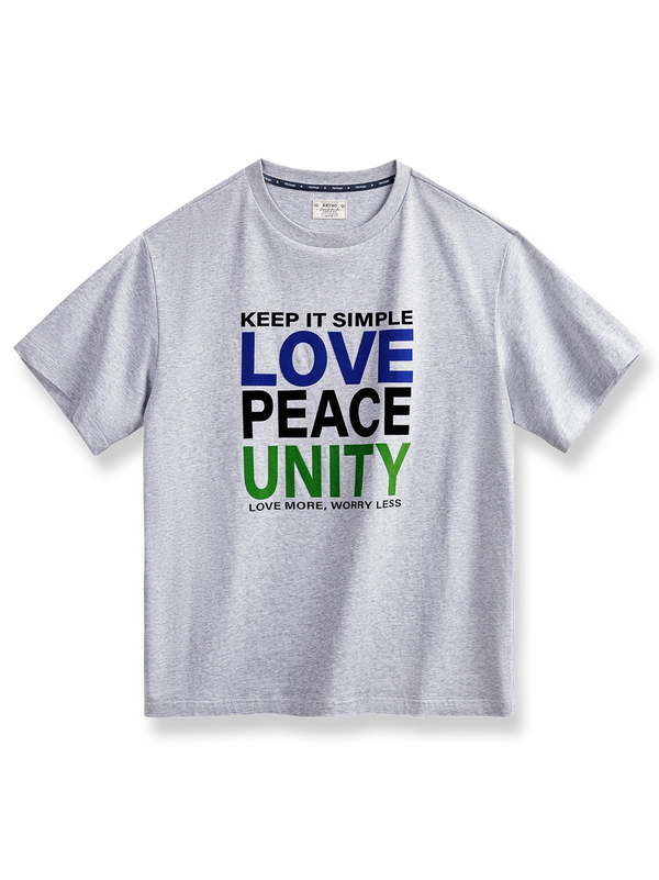 「Love Peace Unity」のレターフロッキープリント半袖Tシャツ