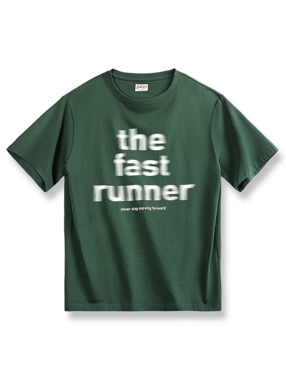 アボカドグリーン地にレタリングシャドウプリントが施された半袖Tシャツ