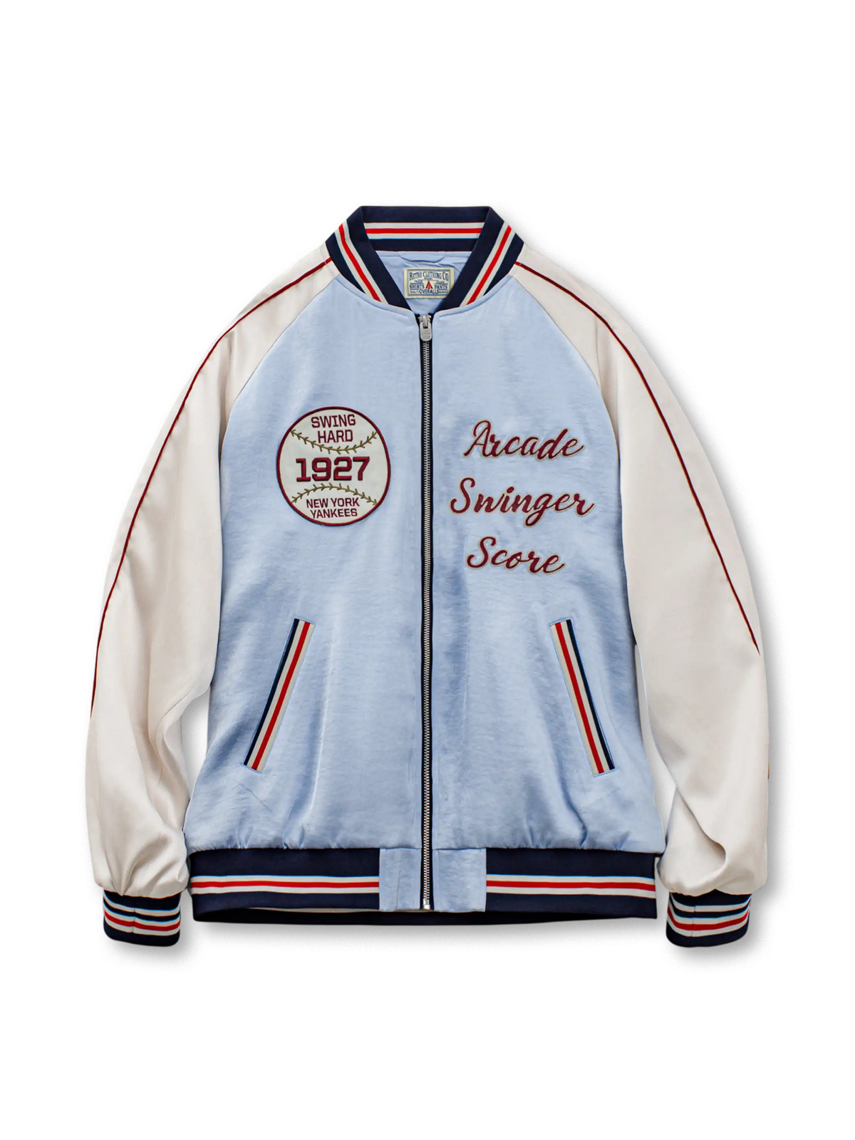 限定版 横須賀ベースボールスカジャン メンズ光沢サテン刺繍ジャケット 湖水色ラグランスリーブ