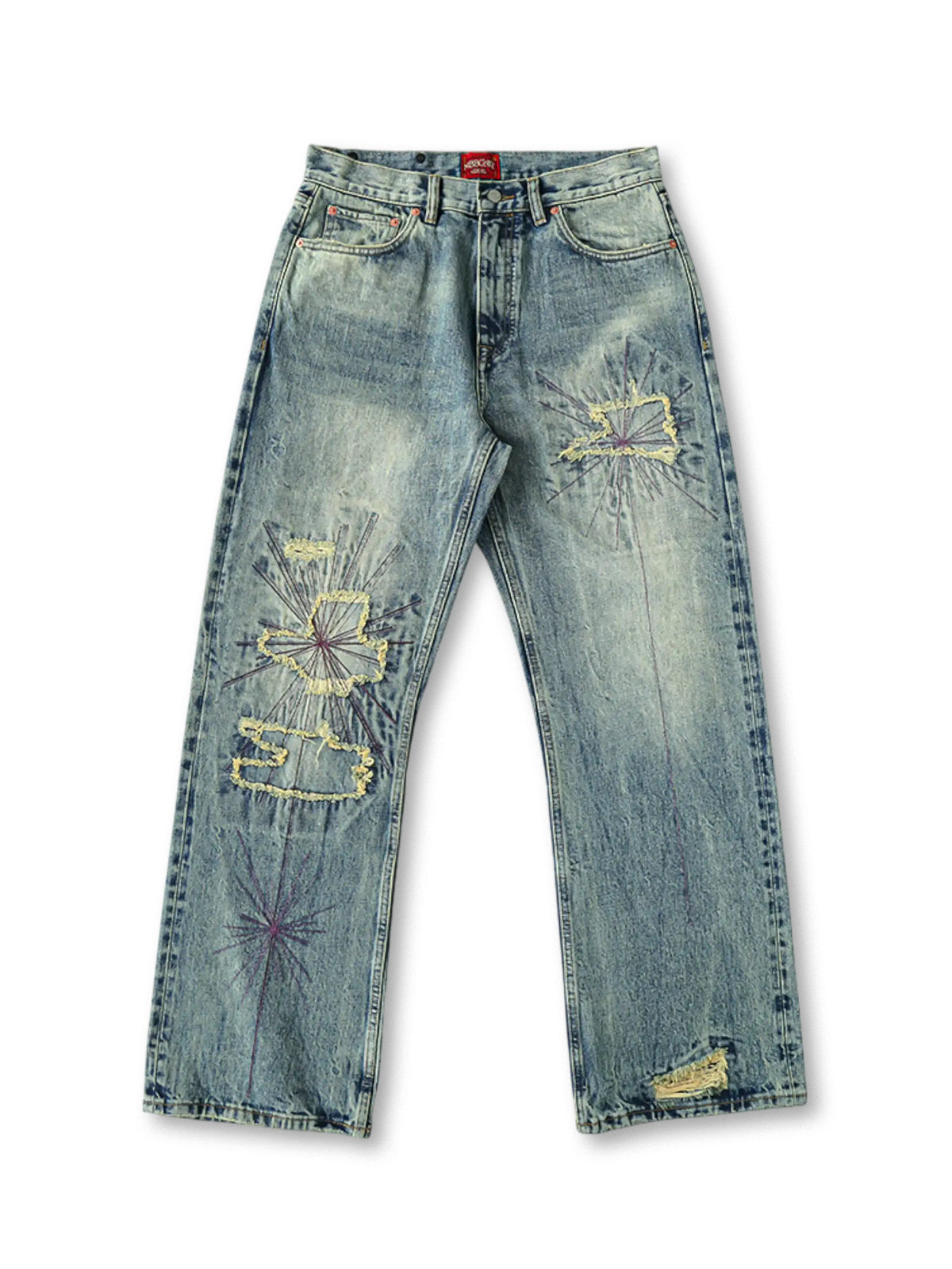 蛇毒モチーフ刺繍と赤耳デニムを用いたヴィンテージ感あふれるワイドパンツ