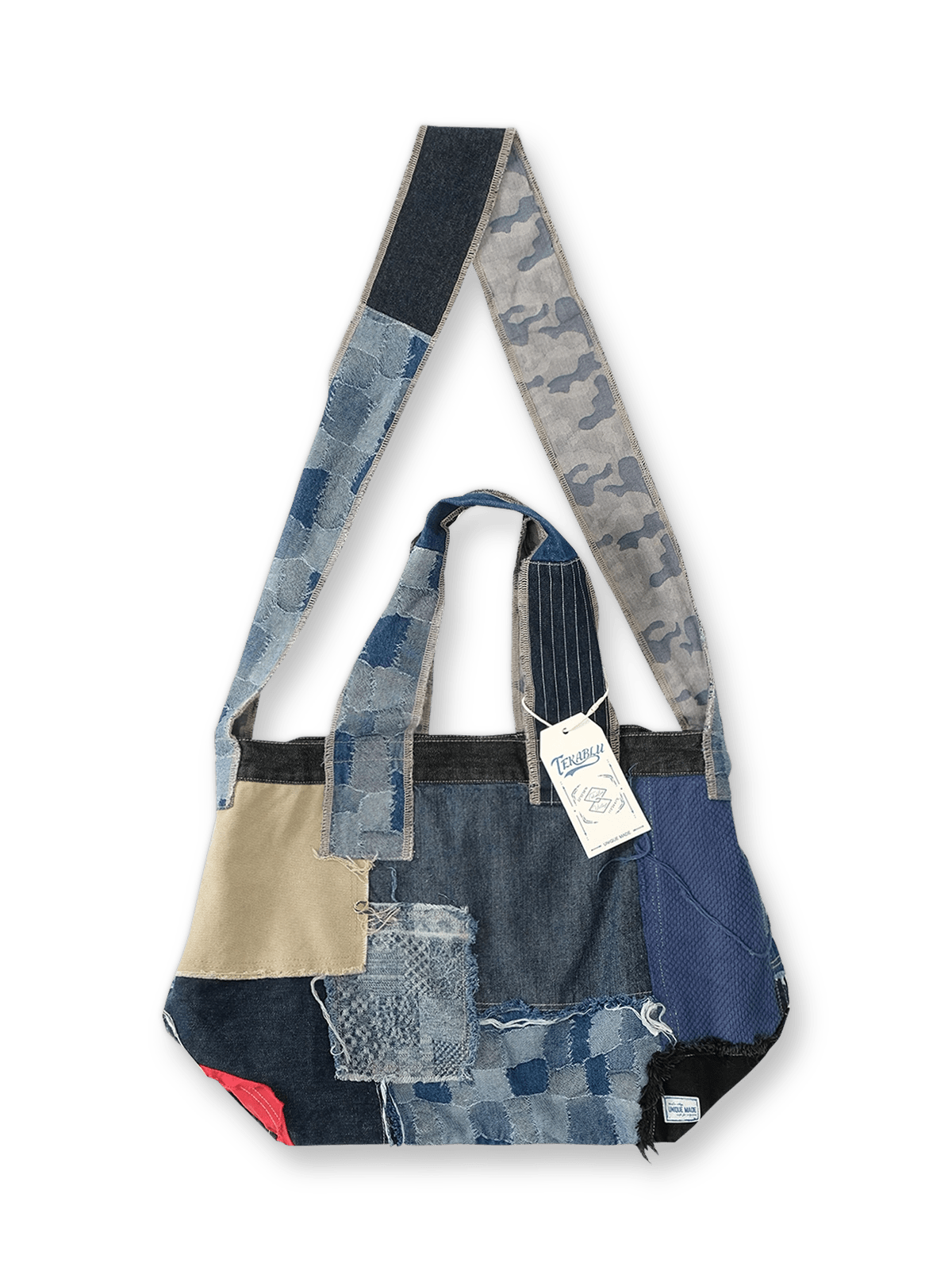 Readymadeの技術で再構築したヴィンテージデニムパッチワークトートバッグ。