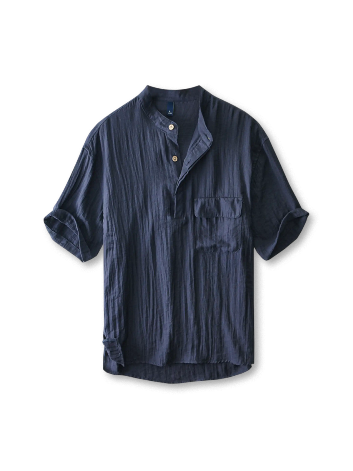 通気孔入りリネンブレンド・スタンドカラー半袖シャツ正面