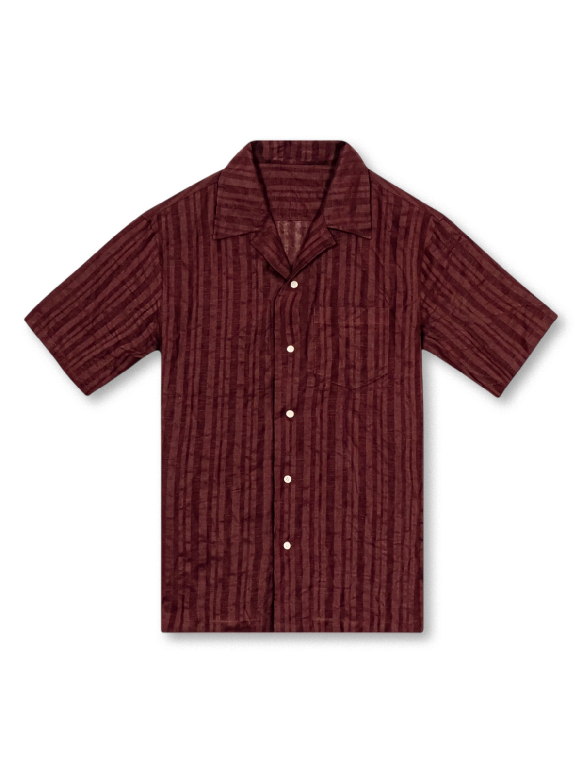 重緯弱経織法の通気性豊かなリネン混開襟シャツ