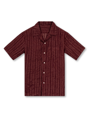 重緯弱経織法の通気性豊かなリネン混開襟シャツ