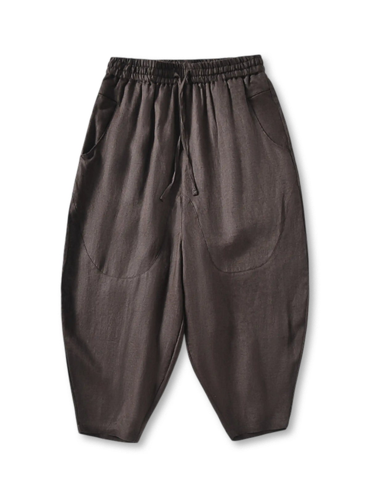 薄手リネン素材のドロップクロッチイージーパンツ、ゴム＆ドローコードウエストと機能的なサイドポケット付き