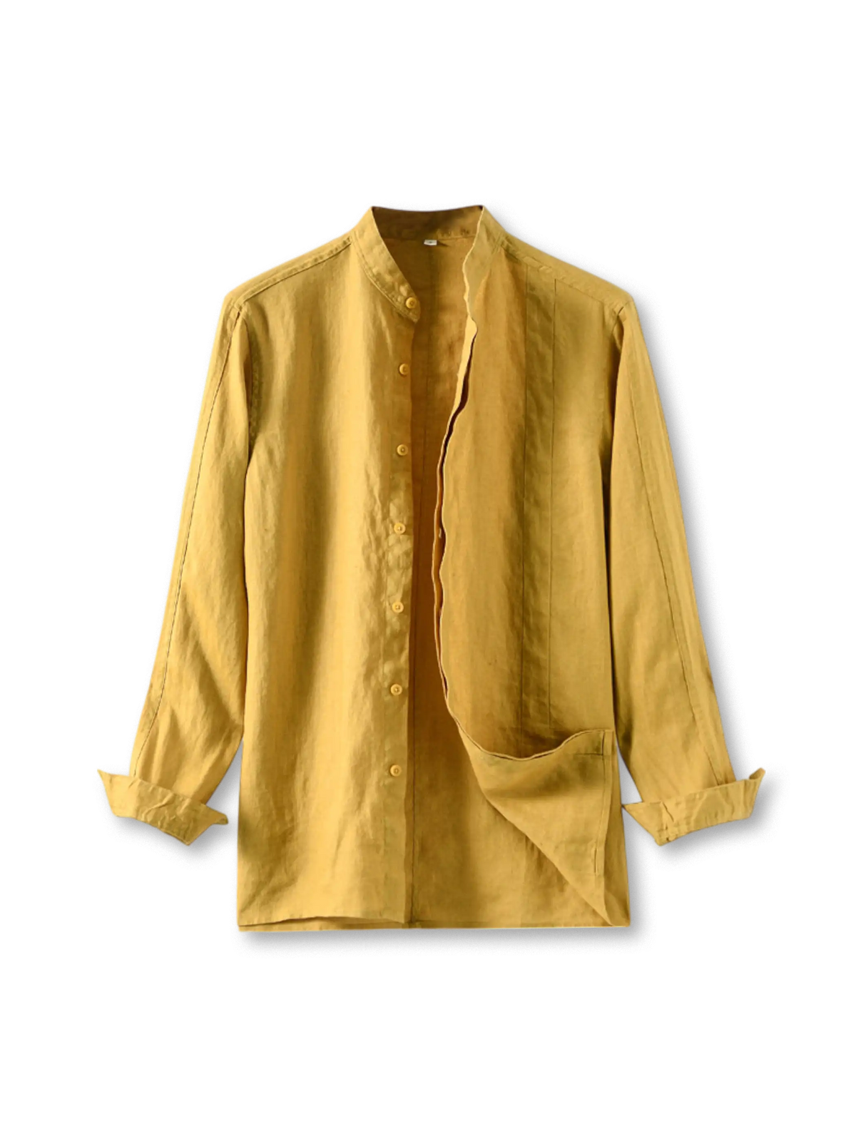 高密度リネン素材の立ち襟リラックスシャツ、優れた通気性と自然な織り目が特徴