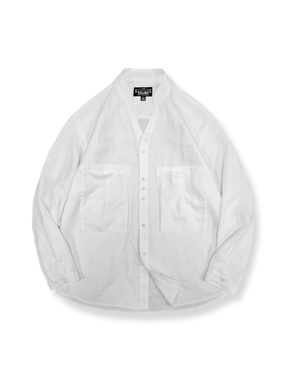 リネン100％素材のVネック長袖シャツ（スタンドカラー・大きなポケット付き）