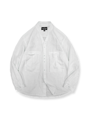 リネン100％素材のVネック長袖シャツ（スタンドカラー・大きなポケット付き）