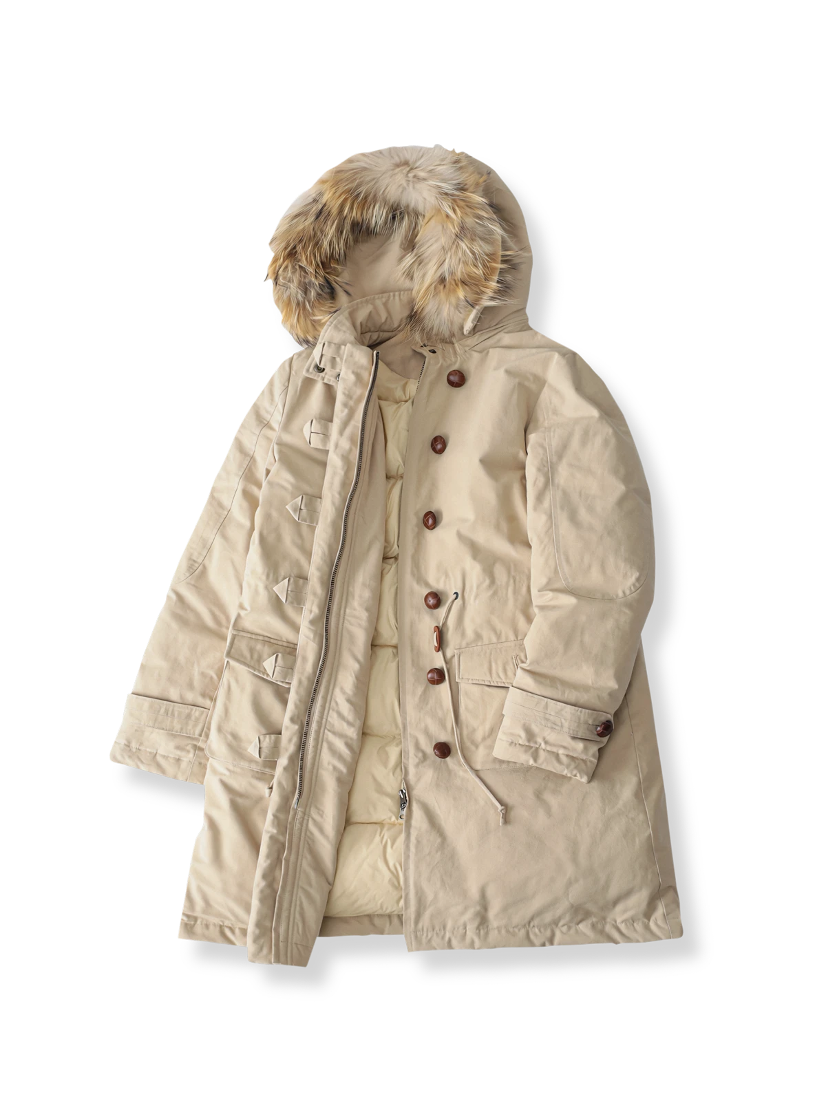 ファー付きフードのロングダウンパーカーコート