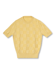 長繊維綿と格子編みが特徴のクラシッククルーネック半袖ニット