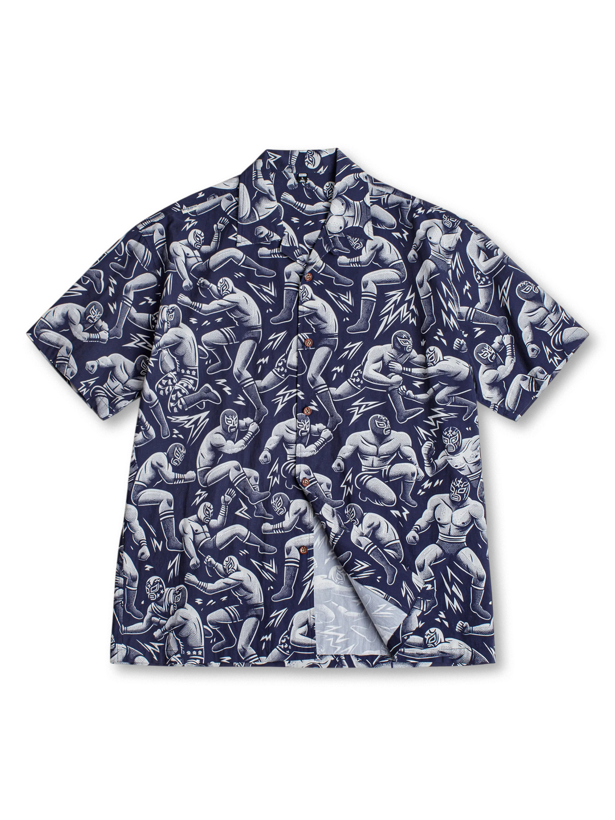 ルチャ・リブレのマスクを総柄プリントで表現したキューバンカラーアロハシャツ