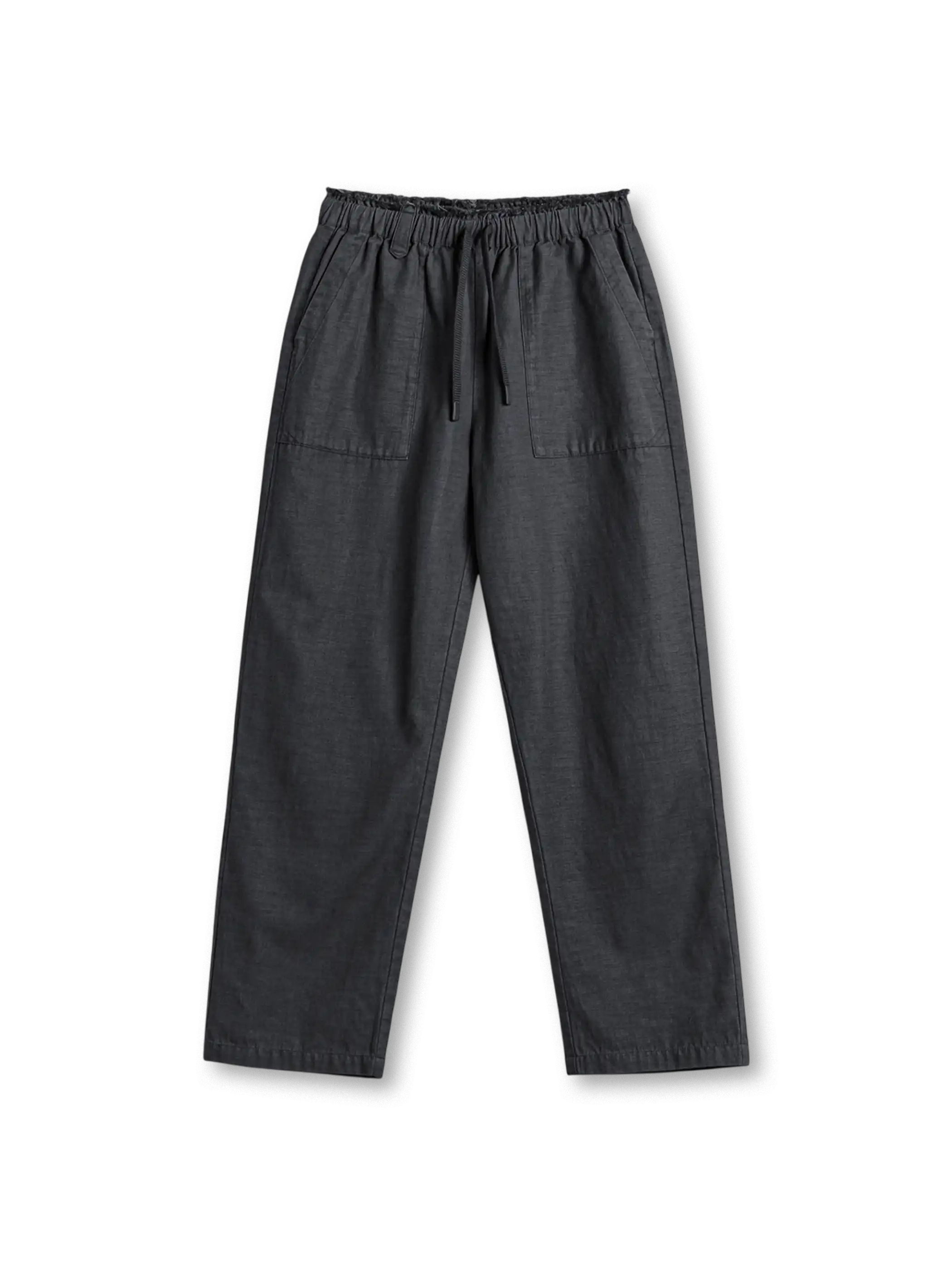 リヨセル混のベイカーパンツ、ゴムウエストとドローコード、L字型貼りポケット、ストレートシルエットのロング丈