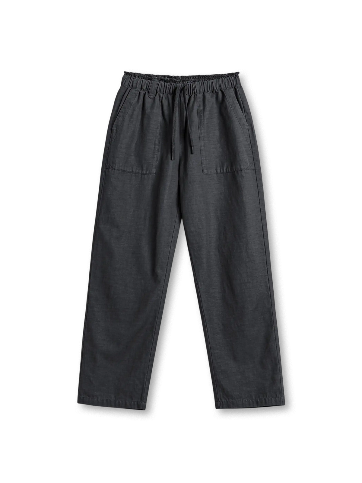 リヨセル混のベイカーパンツ、ゴムウエストとドローコード、L字型貼りポケット、ストレートシルエットのロング丈