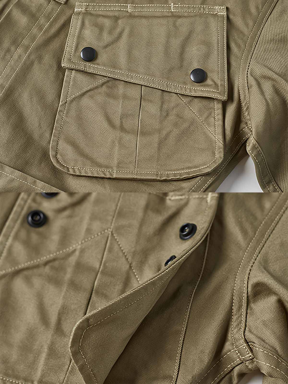 製品画像: M-42パラシュートジャケットの正面画像。ヴィンテージミリタリースタイルが際立つ高光沢ツイルコットンジャケット。
詳細画像: ジャケットのポケットとウエストベルトのディテール。機能性とデザイン性を兼ね備えたディテール。