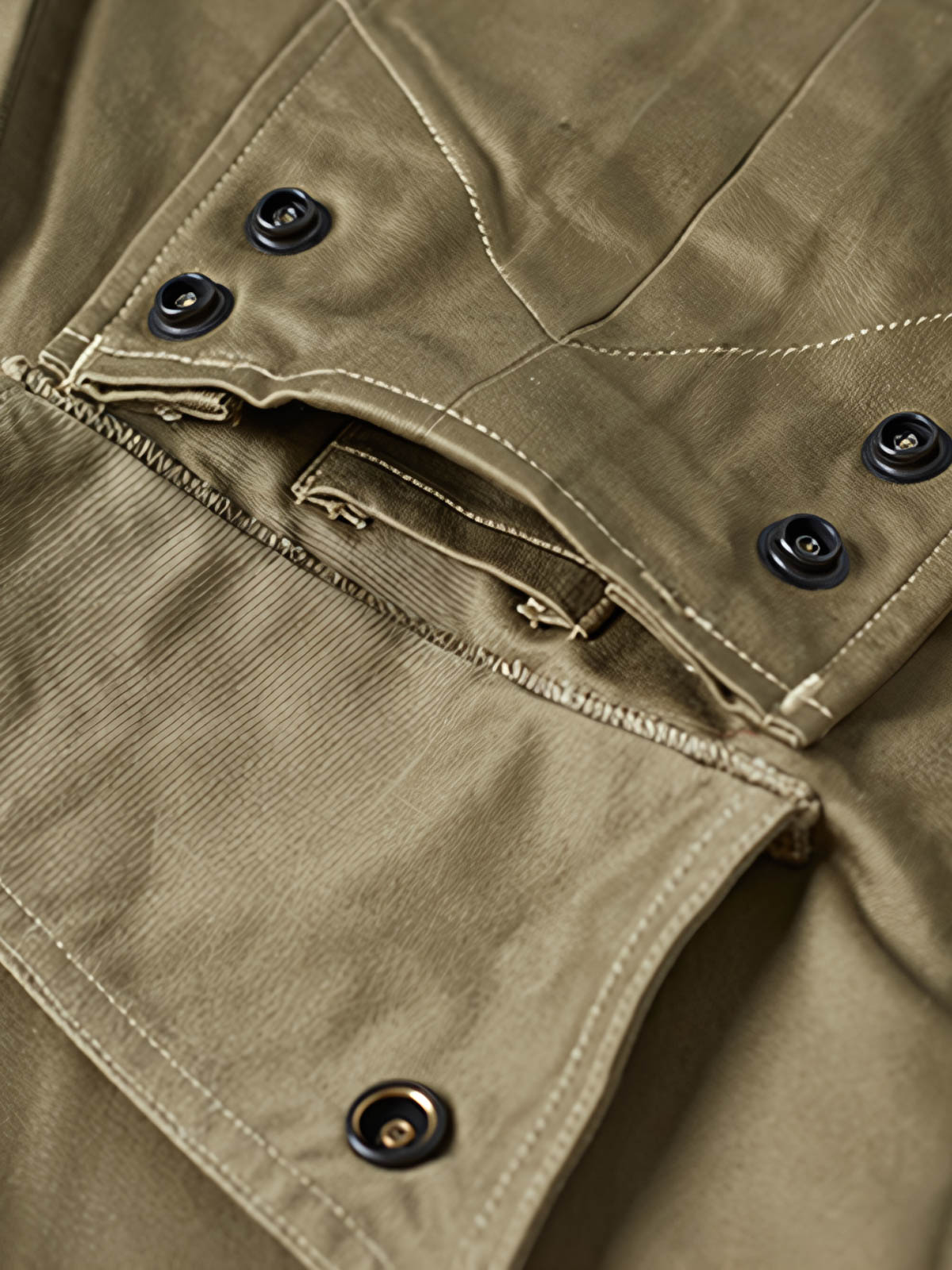 製品画像: M-42パラシュートジャケットの正面画像。ヴィンテージミリタリースタイルが際立つ高光沢ツイルコットンジャケット。
詳細画像: ジャケットのポケットとウエストベルトのディテール。機能性とデザイン性を兼ね備えたディテール。
