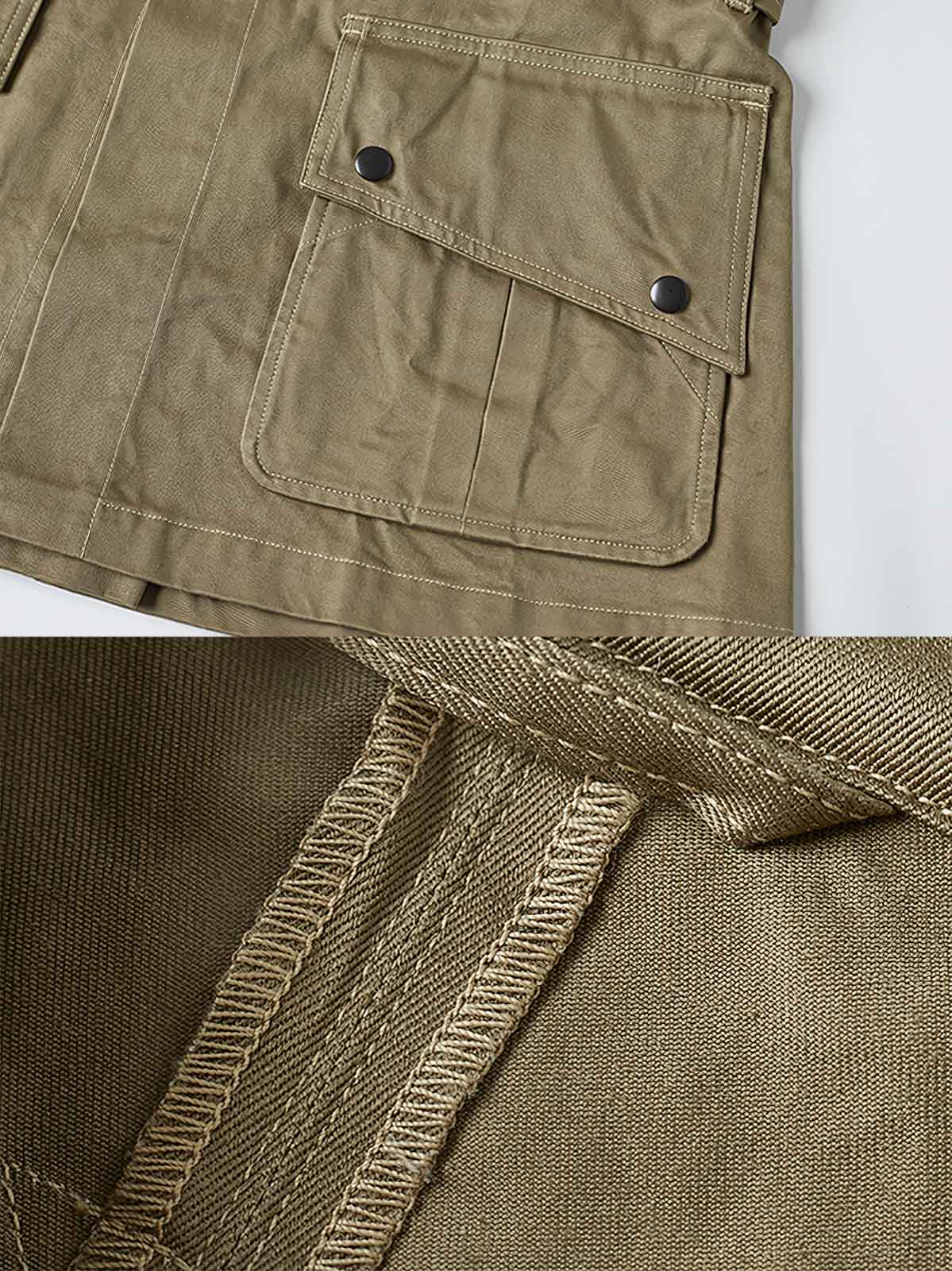 製品画像: M-42パラシュートジャケットの正面画像。ヴィンテージミリタリースタイルが際立つ高光沢ツイルコットンジャケット。
詳細画像: ジャケットのポケットとウエストベルトのディテール。機能性とデザイン性を兼ね備えたディテール。