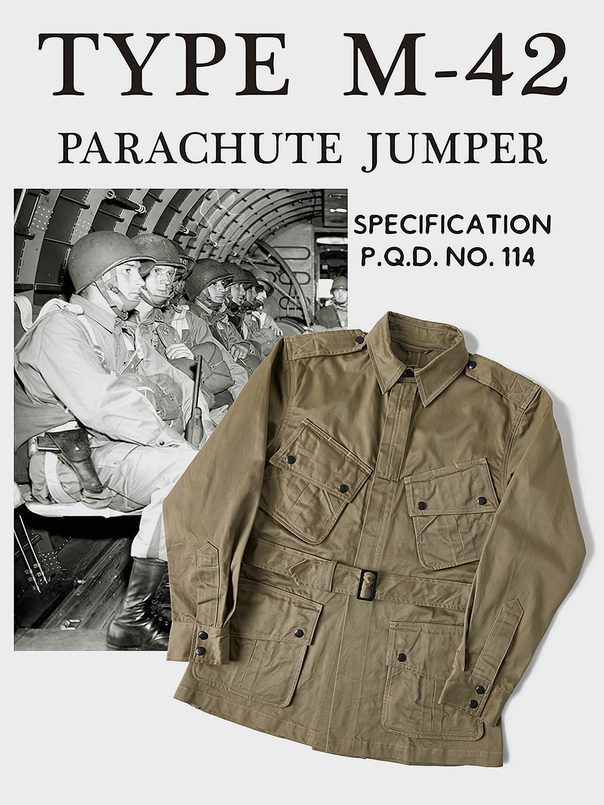 製品画像: M-42パラシュートジャケットの正面画像。ヴィンテージミリタリースタイルが際立つ高光沢ツイルコットンジャケット。
詳細画像: ジャケットのポケットとウエストベルトのディテール。機能性とデザイン性を兼ね備えたディテール。