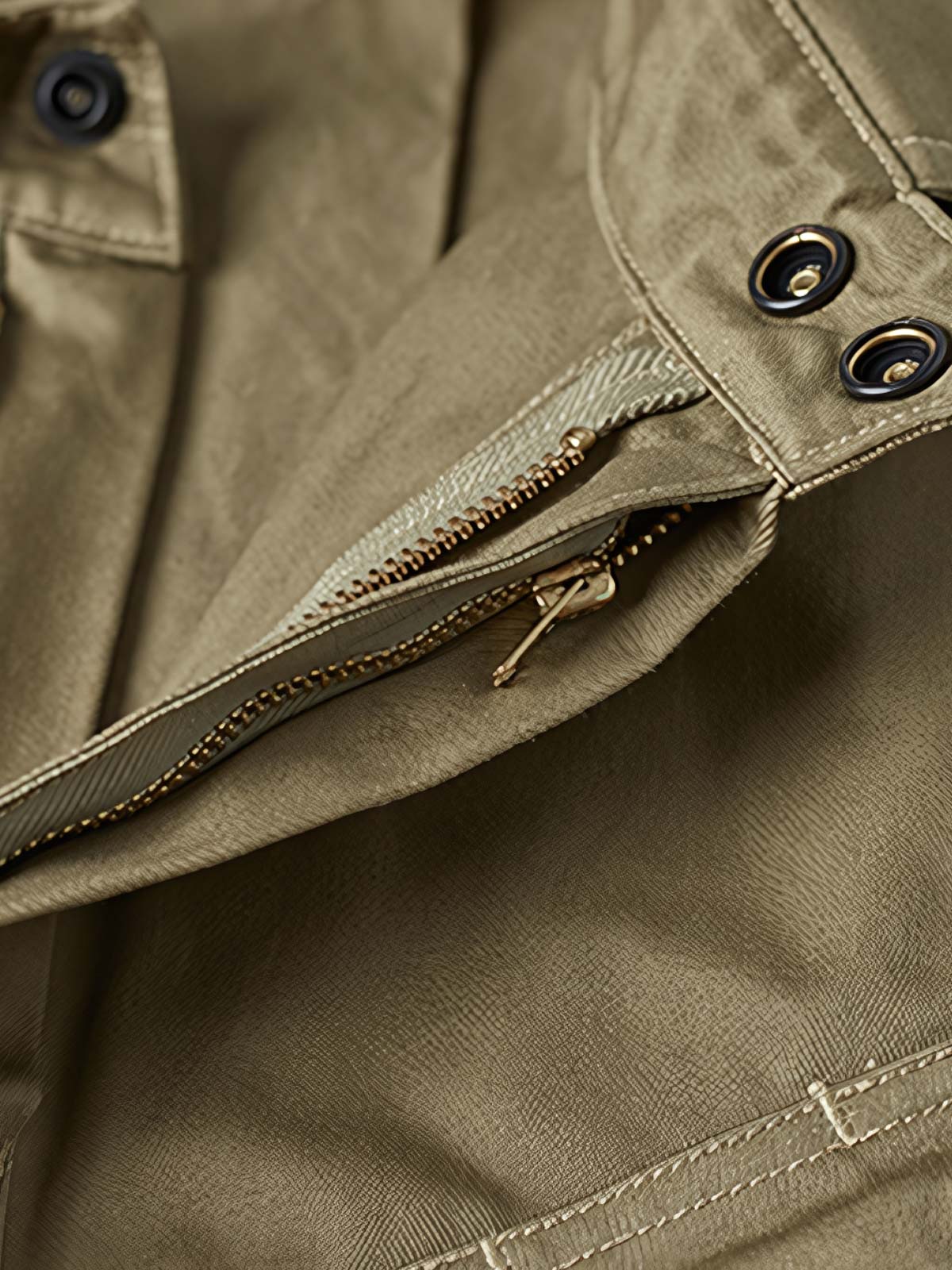 製品画像: M-42パラシュートジャケットの正面画像。ヴィンテージミリタリースタイルが際立つ高光沢ツイルコットンジャケット。
詳細画像: ジャケットのポケットとウエストベルトのディテール。機能性とデザイン性を兼ね備えたディテール。