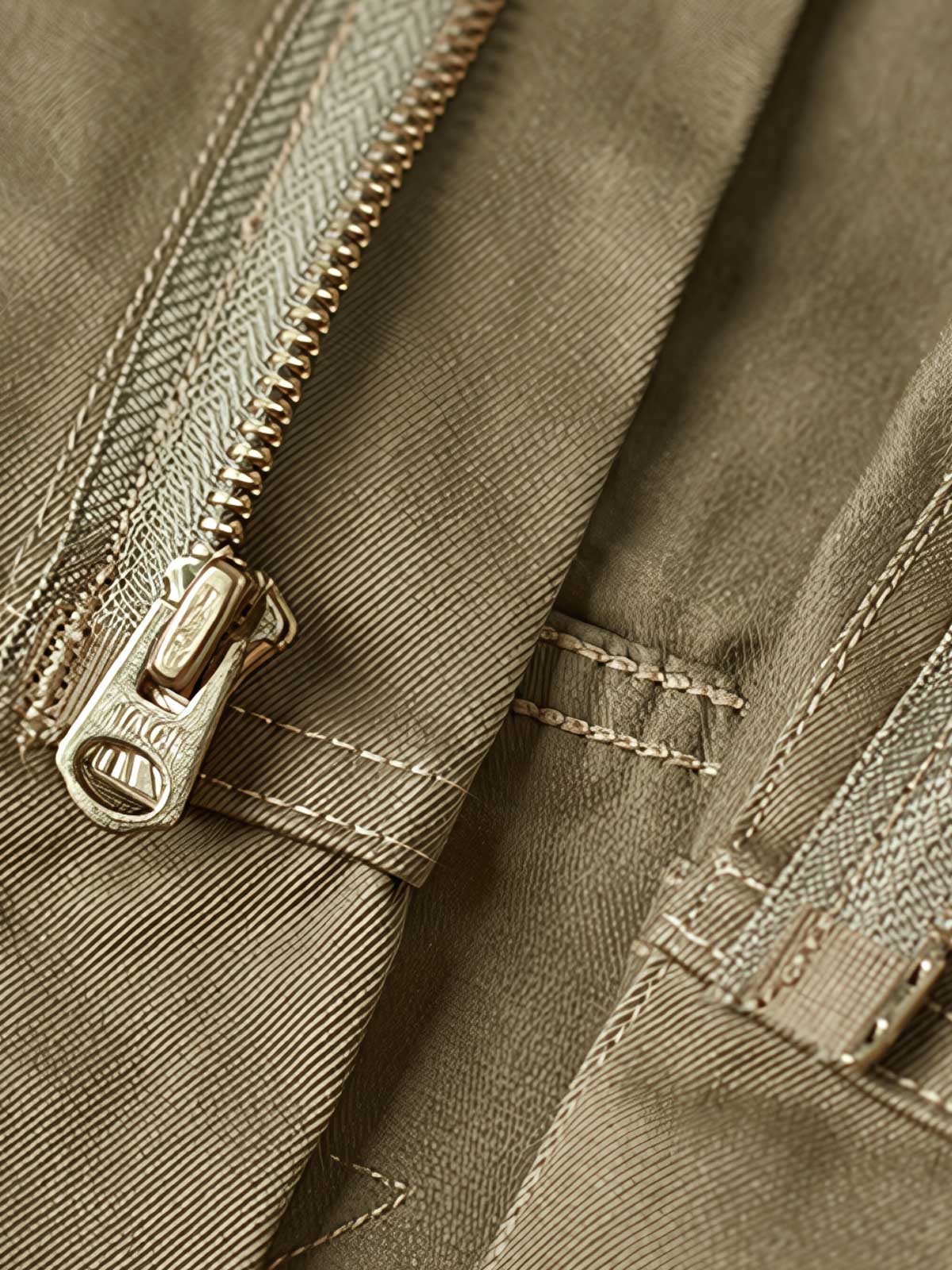 製品画像: M-42パラシュートジャケットの正面画像。ヴィンテージミリタリースタイルが際立つ高光沢ツイルコットンジャケット。
詳細画像: ジャケットのポケットとウエストベルトのディテール。機能性とデザイン性を兼ね備えたディテール。