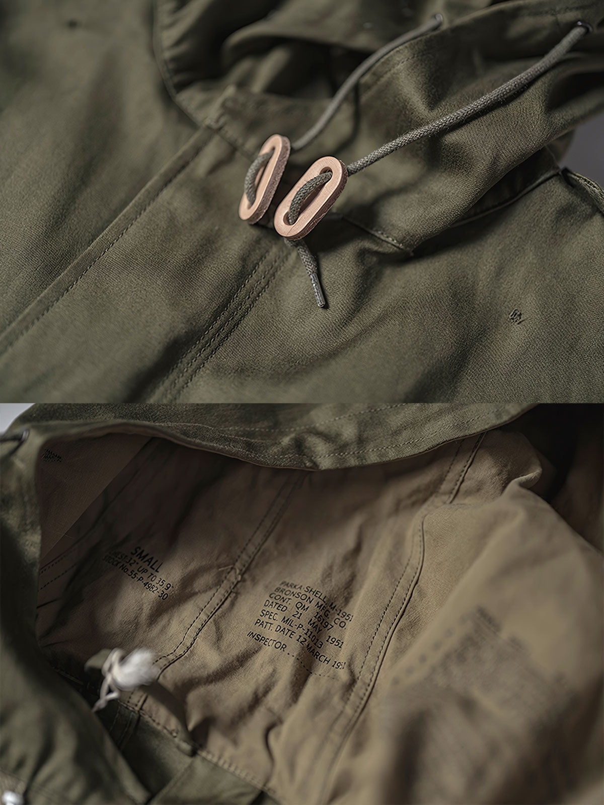 製品画像：M1951フィッシュテールパーカ、軍用アウターの正面画像
詳細画像：フィッシュテールパーカの防風・防寒デザインの細部特写