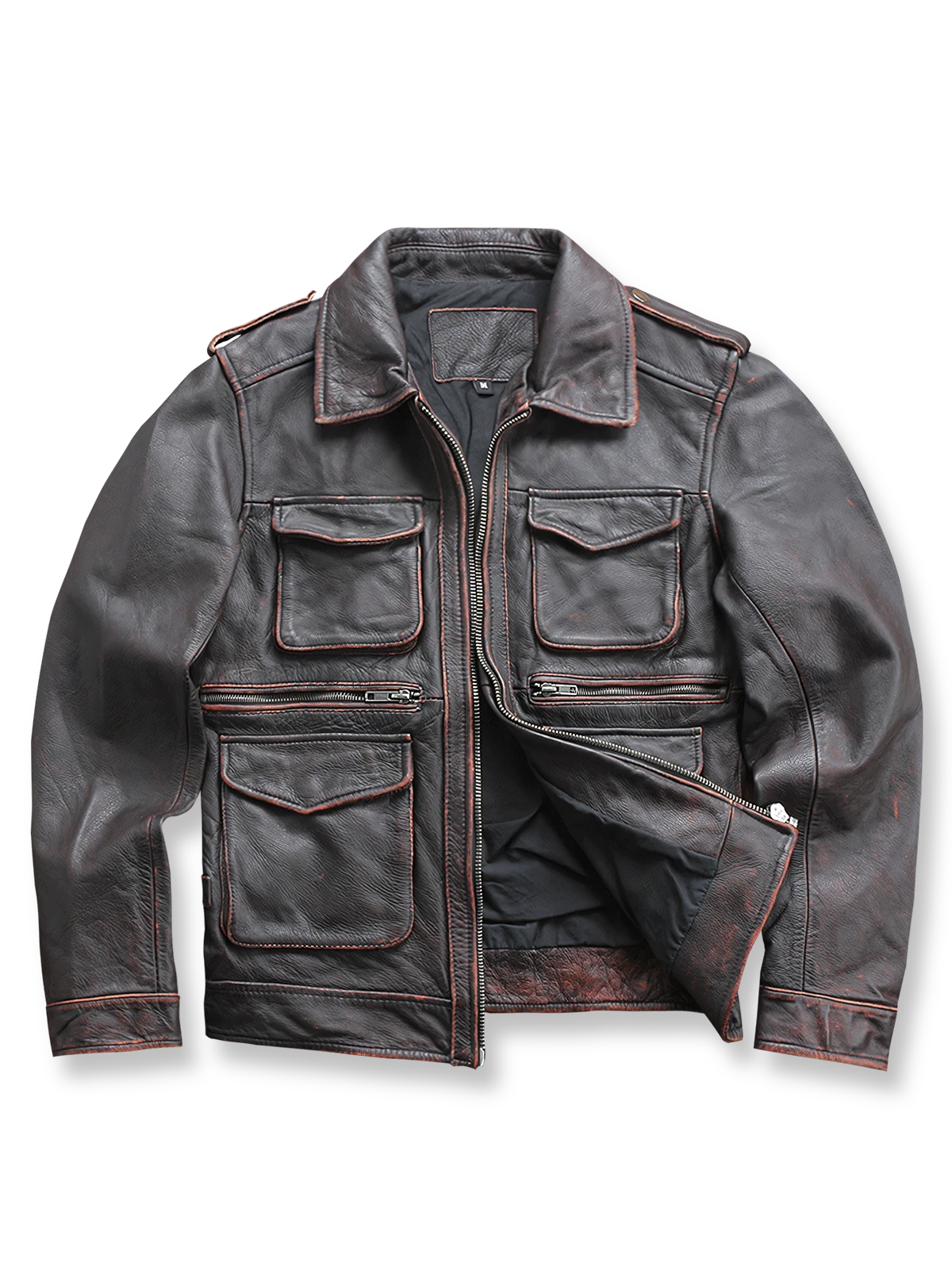 ヴィンテージ加工レザーとマルチポケットが特徴のM65フィールドジャケット。