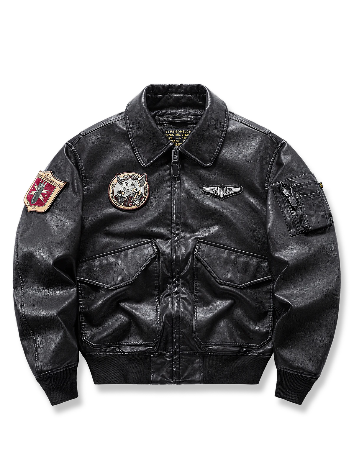 リブ襟・袖口・裾とアームポケットが際立つバイカーコンセプトMA-1レザーフライトジャケット