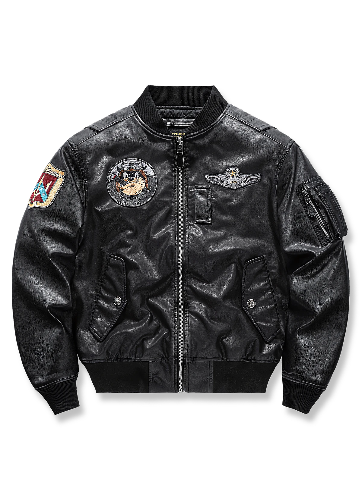 動物バッジとカラフルバッジが特徴のビスコース製日本人体型対応MA-1中綿レザージャケット