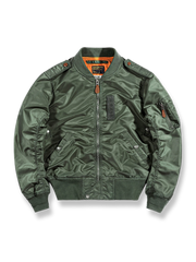 リバーシブルのオレンジ裏地が覗くクラシックMA-1パイロットジャケットの前後ビュー。